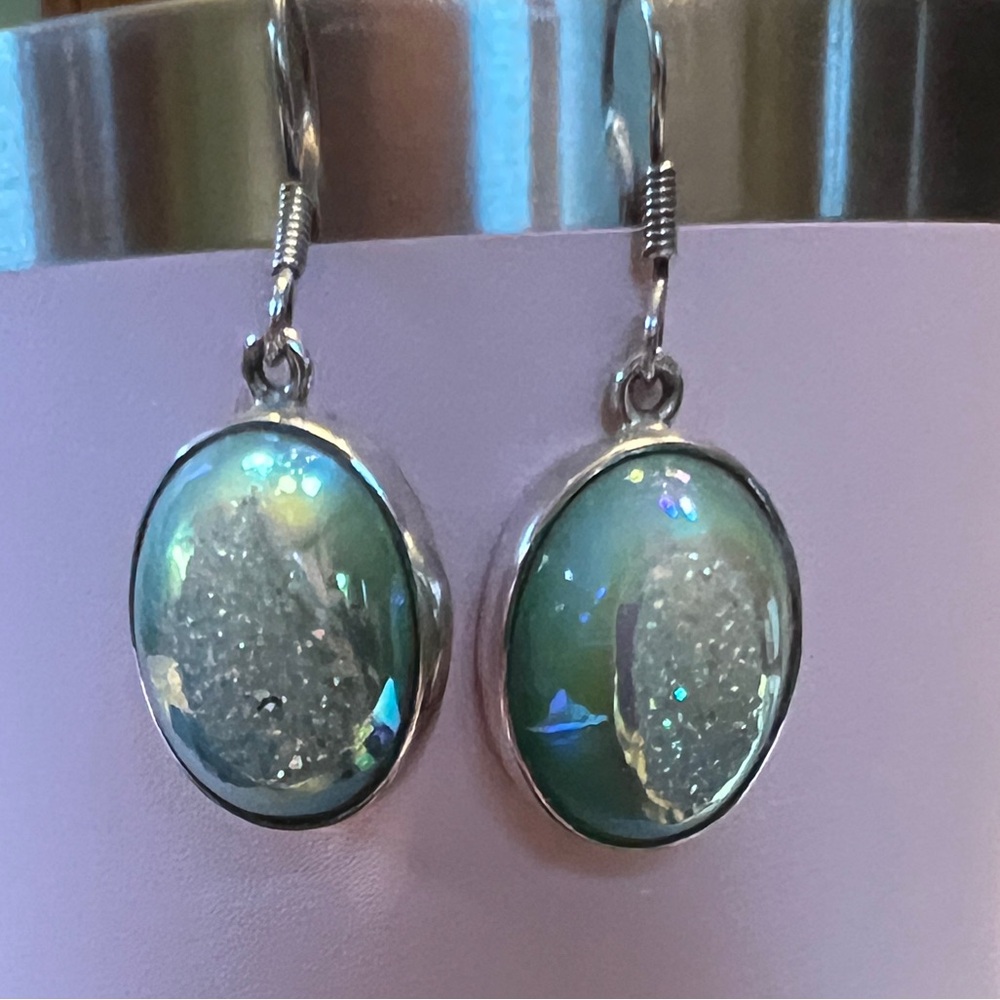 Genuine blue-green agate druzy earrings in 925 Sterling Silver. Exquisite! - Picture 2 of 6